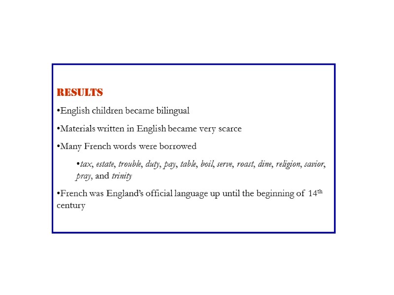 RESULTS English children became bilingual Materials written in English became very scarce Many French